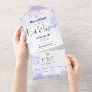 Invitation Tout En Un Aquarelle violet bat mitzvah Argent Script moderne