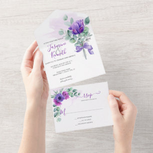 Invitation Tout En Un Aquarelle violette et rose Anémones Mariage floral