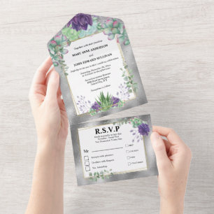 Invitation Tout En Un Aquarelle violette vert paon plante succulent