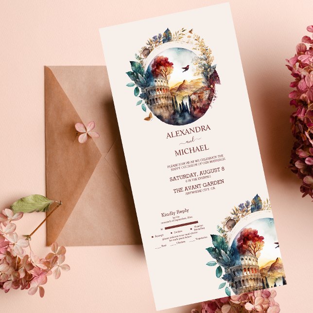 Invitation Tout En Un Aquarelle Whimsal Italien Desitnation Mariage A (Créateur téléchargé)