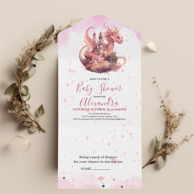 Invitation Tout En Un Aquarelle Whimsical Baby shower de dragon rose (Créateur téléchargé)
