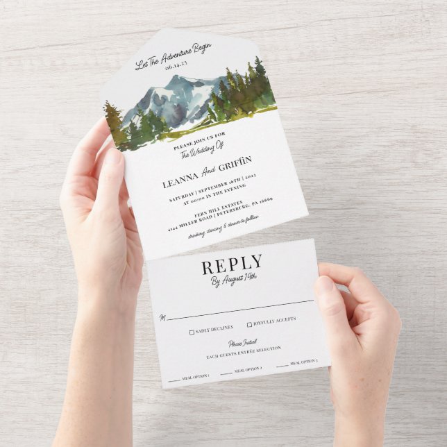 Invitation Tout En Un Aquarelle Woodland Mountains Mariage moderne (Déchirure)