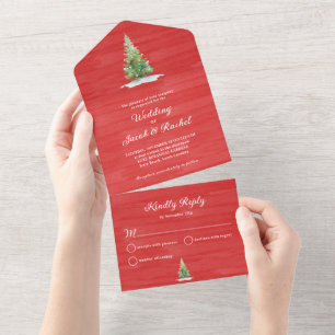 Invitation Tout En Un Arbre de Noël Festif sur Fond Rouge Aquarelle pour