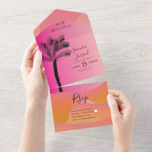 Invitation Tout En Un Arbre De Palmier Tropical Abstrait Mariage Rose 