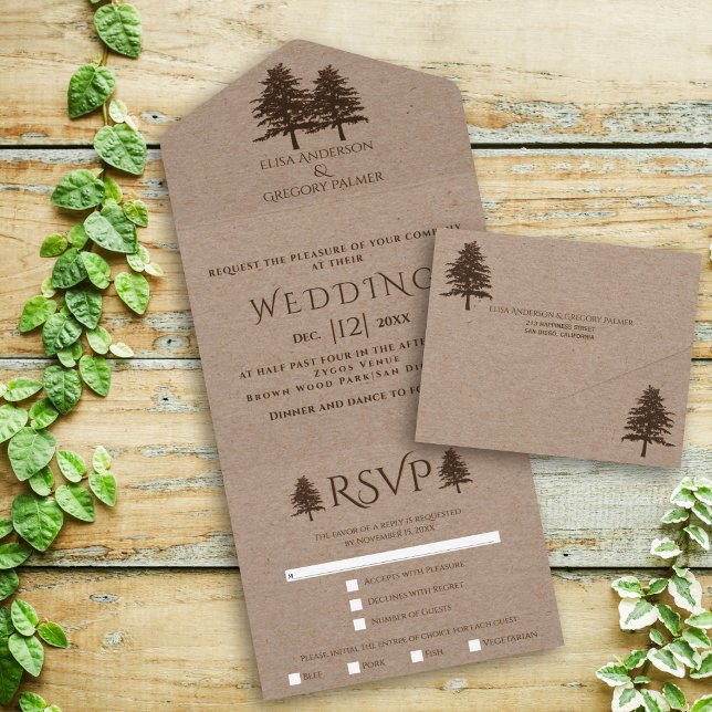 Invitation Tout En Un Arbres bruns embossés sur papier kraft mariage aut (Créateur téléchargé)