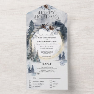 Invitation Tout En Un Arbres d'aquarelle de la forêt bleu sombre Xmas ma