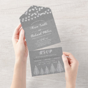 Invitation Tout En Un Arbres et lumières papier kraft gris mariage d'hiv