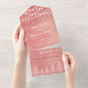 Invitation Tout En Un Arbres et lumières tachés rose-pêche mariage d'hiv