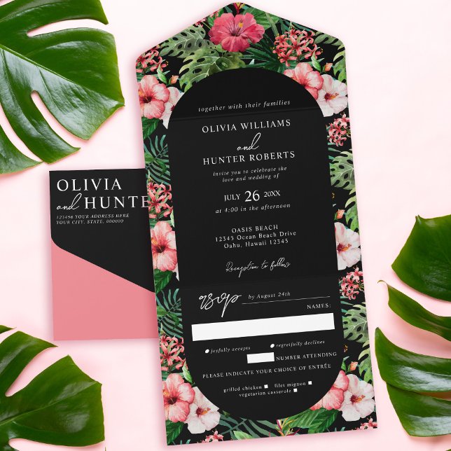 Invitation Tout En Un Arc de l'Hibiscus tropical Mariage noir (Créateur téléchargé)