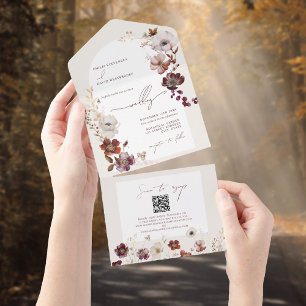Invitation Tout En Un Arc Fleur sauvage de Bourgogne QR Code Mariage RSV