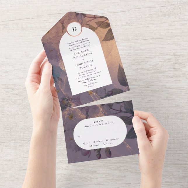 Invitation Tout En Un Arc floral Rose or Elegance Mariage (Déchirure)