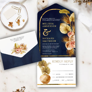 Invitation Tout En Un Arc Floral Terre séché Palm Mariage bleu marine