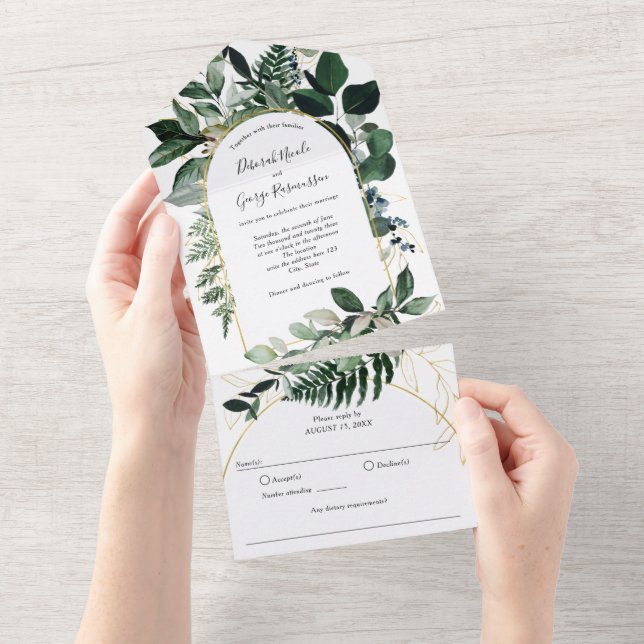 Invitation Tout En Un Arc moderne Boho vert, Mariage de jardin (Déchirure)