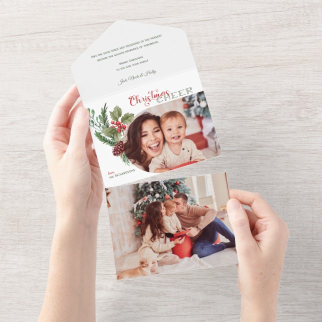 Invitation Tout En Un Arc moderne Floral Noël Cheval Script Photo (Déchirure)