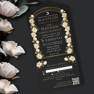 Invitation Tout En Un Arc noir élégant Art nouveau QR Code Mariage