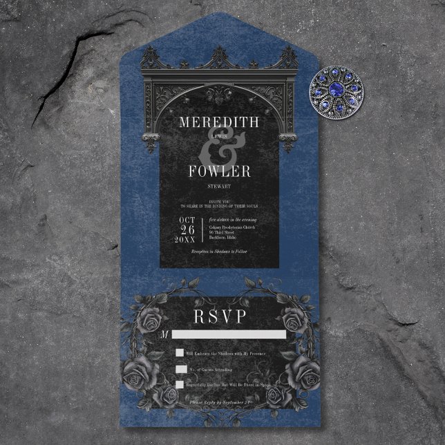 Invitation Tout En Un Arc noir gothique et Rose noir Bleu Non Dîner (Gothic Black Arch & Black Roses Blue No Dinner All In One Invitation)