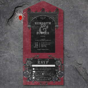 Invitation Tout En Un Arc noir gothique et vin Rose noir Trois dîners