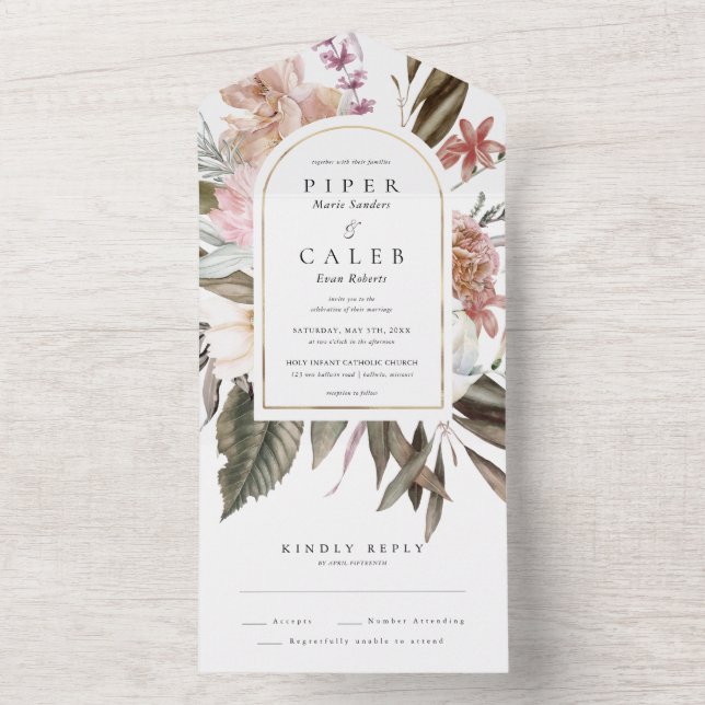 Invitation Tout En Un Arche Mariage Fleur sauvage or (À l'intérieur)