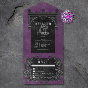 Invitation Tout En Un Arche noire gothique et dîner Rose violet noir