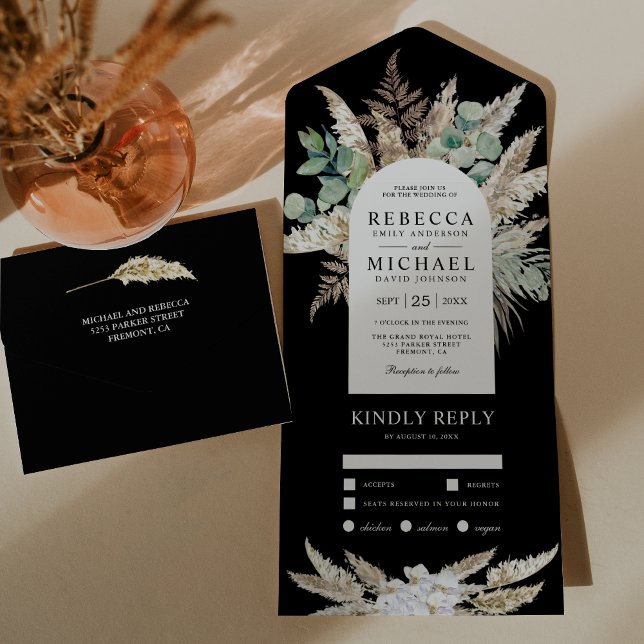Invitation Tout En Un Arche Rustique Bohème Pampas Eucalyptus Noir pour  (Créateur téléchargé)