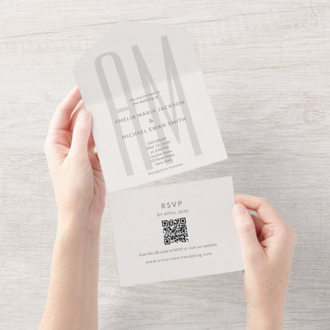 Invitation Tout En Un Architectural Monogram Minimal All-in-One Wedding (Déchirure)