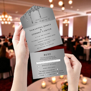 Invitation Tout En Un Argent Sparkle RSVP Élégant Mariage moderne