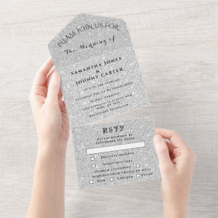 Invitation Tout En Un Argent Sparkle RSVP Élégant Mariage moderne tout e