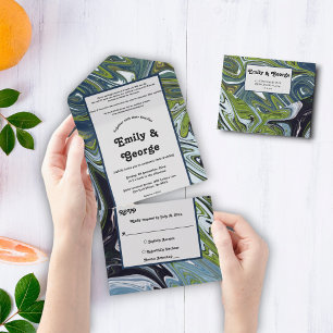 Invitation Tout En Un Art abstrait de mariage tons terre bleu vert moder