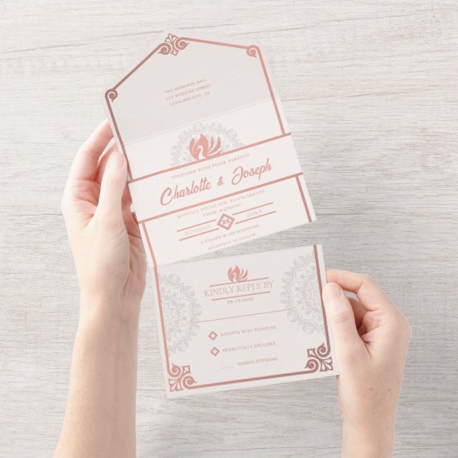 Invitation Tout En Un Art déco moderne Swan Blush Rose rose Mariage (Déchirure)