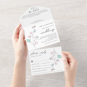 Invitation Tout En Un Art moderne Pastel Feuille rose Turquoise Mariage