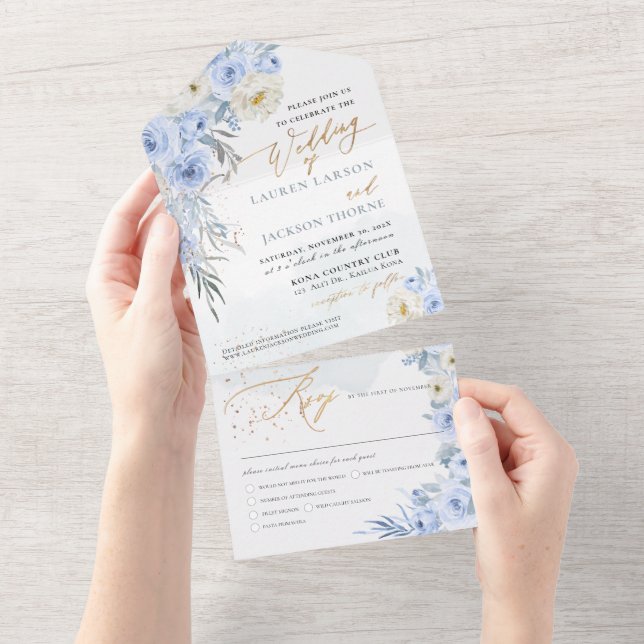 Invitation Tout En Un ArtsApp Elegant Dusty Blue Roses Gold Dust (Déchirure)