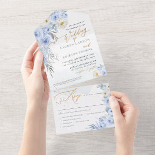 Invitation Tout En Un ArtsApp Elegant Dusty Blue Roses Gold Dust
