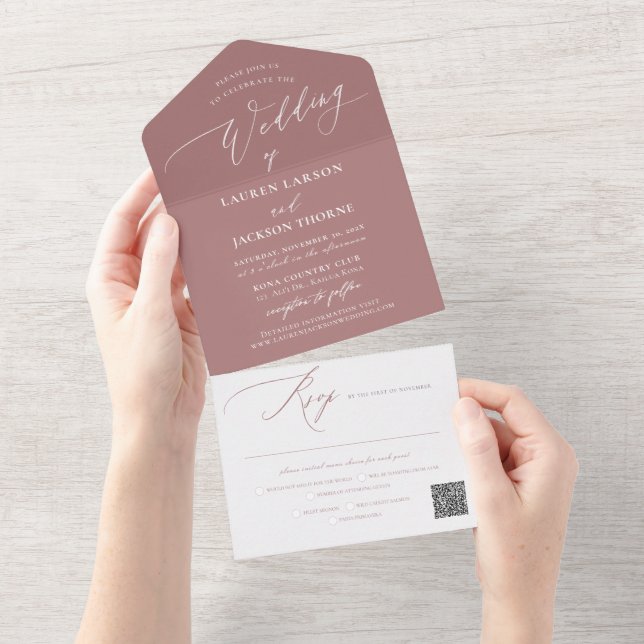 Invitation Tout En Un ArtsApp Moderne Calligraphie Dusty Rose Mariage (Déchirure)