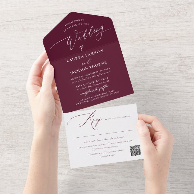 Invitation Tout En Un ArtsApp Moderne Calligraphie Mariage Bourgogne (Déchirure)