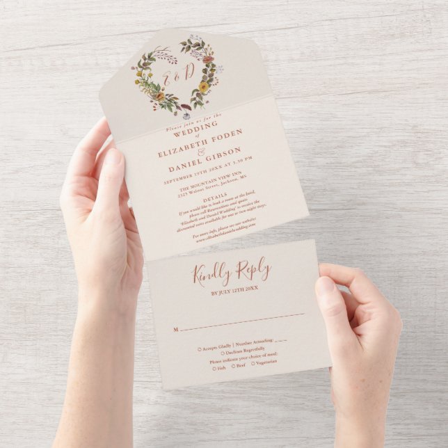 Invitation Tout En Un Automne Automne Rustique Floral Détails RSVP Maria (Déchirure)