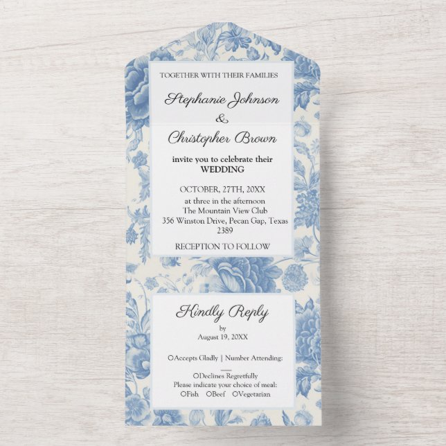 Invitation Tout En Un Automne Bleu blanc Floral mariage (À l'intérieur)