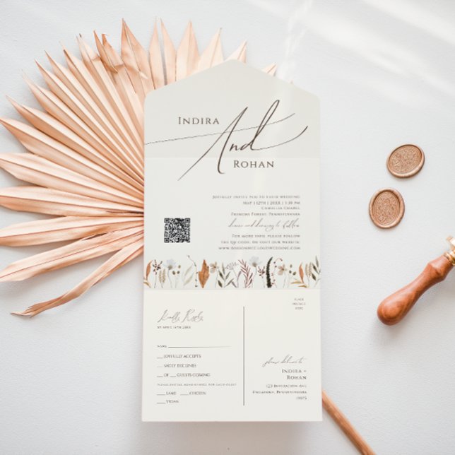 Invitation Tout En Un Automne Boho | Beige Décontracté QR Code sceau et  (Créateur téléchargé)
