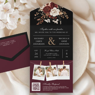 Invitation Tout En Un Automne Bourgogne Floral QR Code noir Mariage