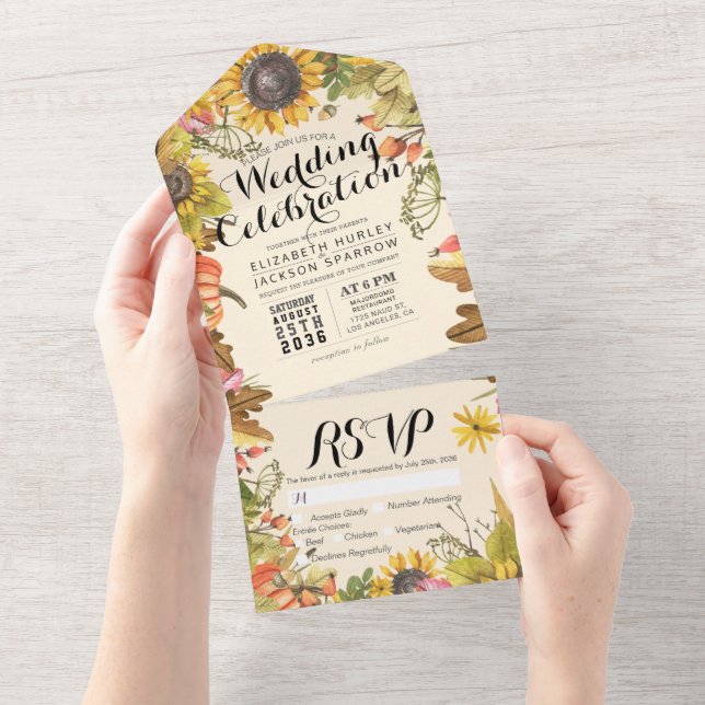 Invitation Tout En Un Automne Maple Feuille Citrouille Sunflower Wedding (Déchirure)