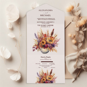 Invitation Tout En Un Automne Orange Brûlé Aquarelle Herbe de Pampas Mar