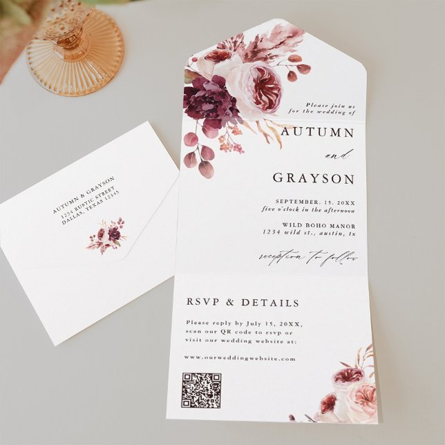 Invitation Tout En Un Automne Romance Aquarelle Florale Mariage QR Code (Inside & Back)