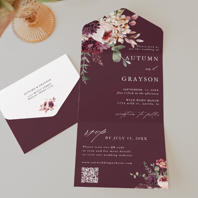 Invitation Tout En Un Automne Romance Bourgogne Floral Mariage QR Code (Inside & Back)