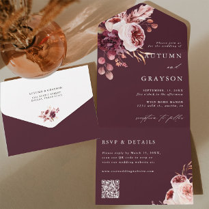 Invitation Tout En Un Automne Romance Bourgogne Floral Mariage QR Code