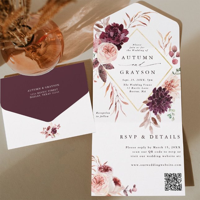 Invitation Tout En Un Automne Romance Gold Mariage géométrique QR Code (Inside & Back)