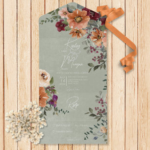 Invitation Tout En Un Automne Rouille Rustique & Vin Sage Floral Pas de 