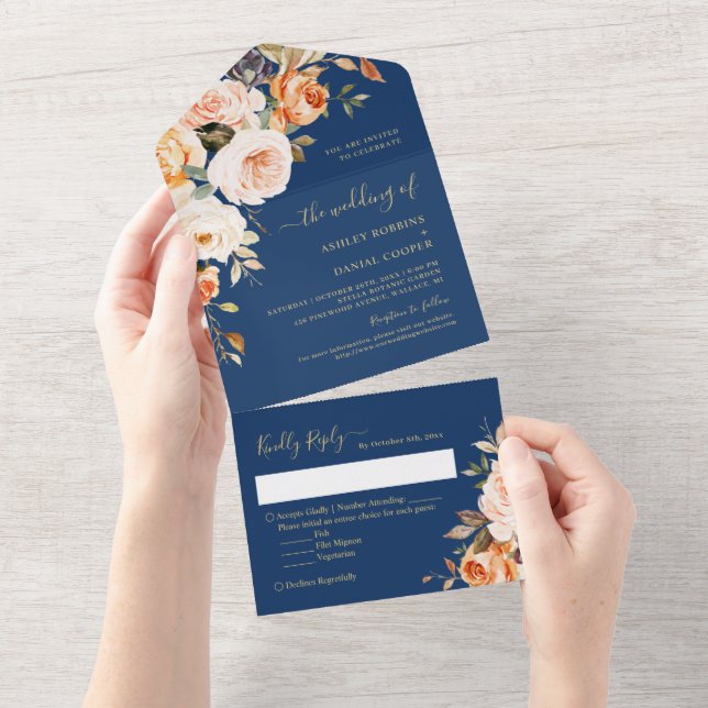 Invitation Tout En Un Automne Soirée Mariage Gold Feuilles Floral (Déchirure)