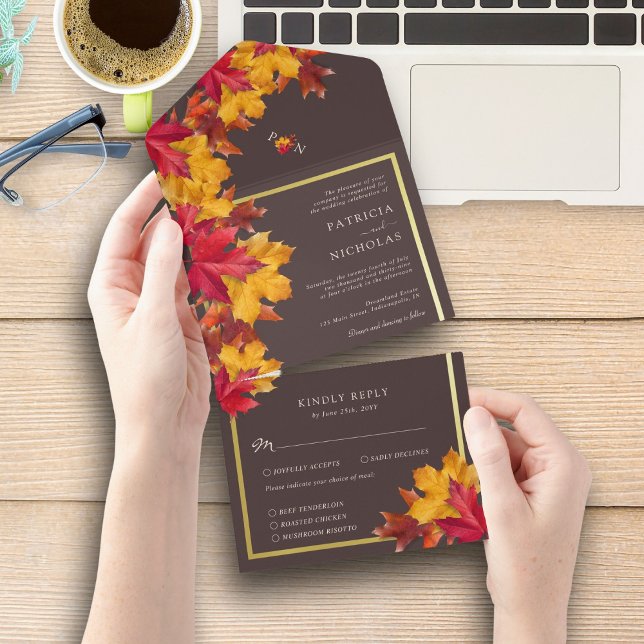 Invitation Tout En Un Automne Woody Brown & Elegant Golden Frame Mariage (Créateur téléchargé)