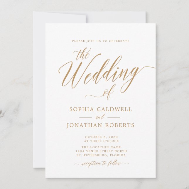 Invitation Tout en un avec détails Gold Calligraphy Mariage (Devant)