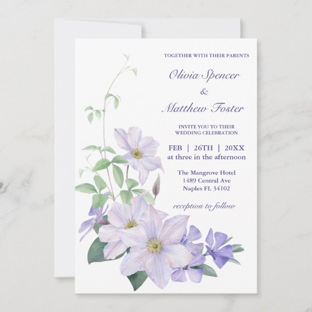 Invitation Tout en un, avec et periwinkle clematis Mariage (Devant)