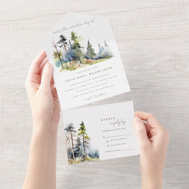 Invitation Tout En Un Aventure Commencer Pine Forest Paysage Mariage (Déchirure)